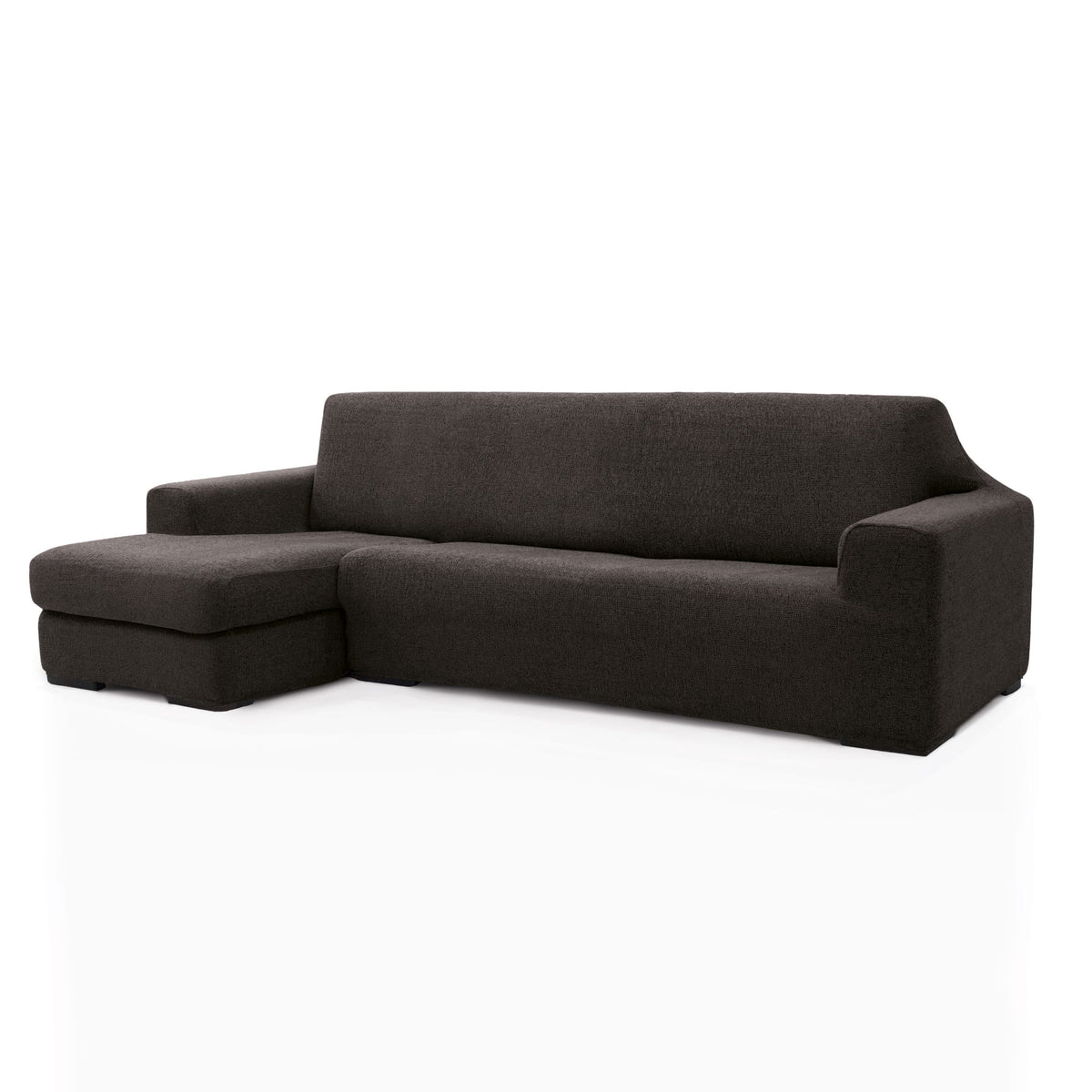 Funda de chaise longue elástica Soraya en color Chocolate, brazo corto, lado izquierdo