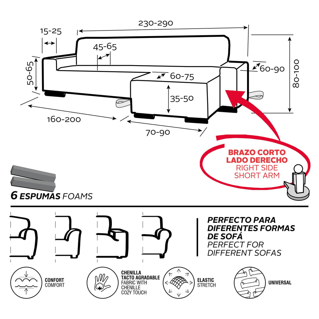 Guía de medidas: chaise brazo corto, lado derecho