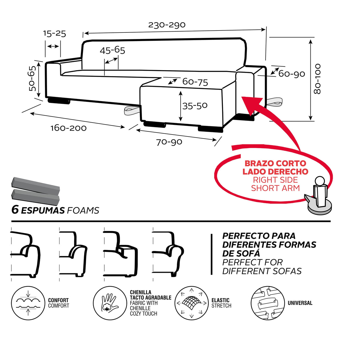 Guía de medidas: chaise brazo corto, lado derecho
