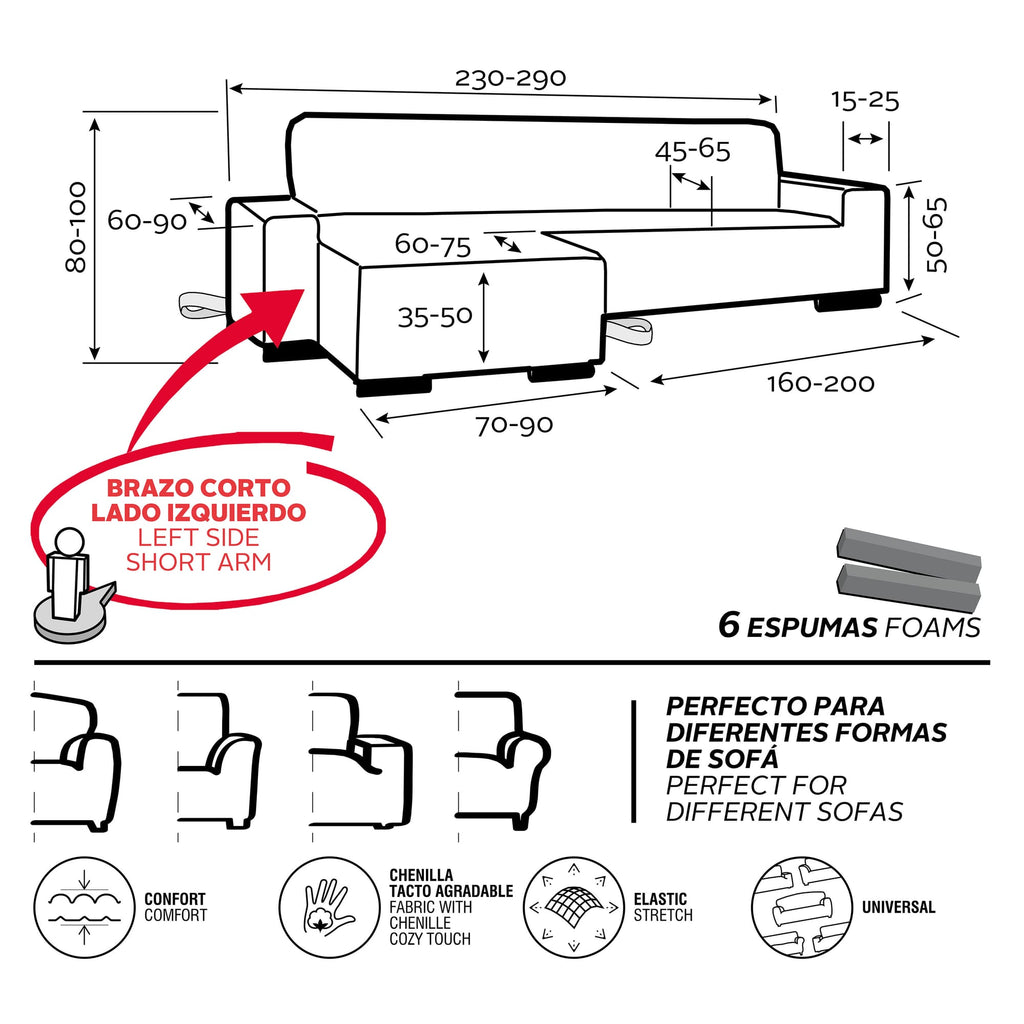 Guía de medidas: chaise brazo corto, lado izquierdo