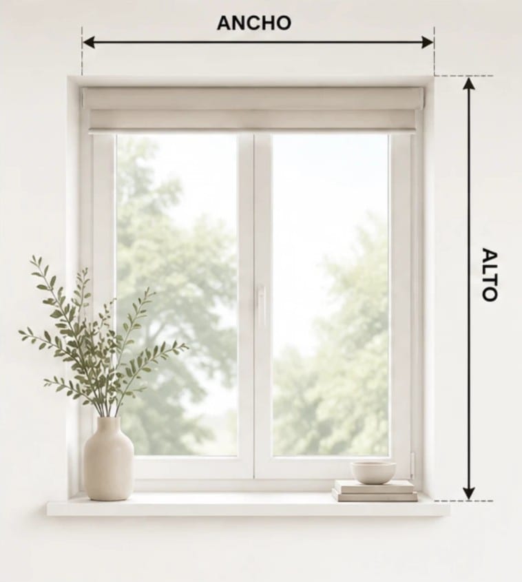 Ventana con estor y flechas que indican dónde medir el ancho y el alto